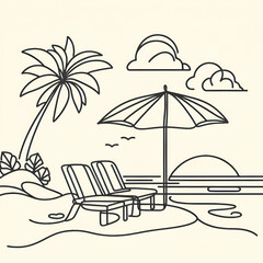 Beach umbrella and chair in one continuous line drawing. Concept of holiday summer and vacation in paradise island and sea in simple linear style. Editable stroke. Doodle outline vector illustration