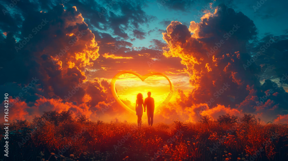 Romantic couple in love on the meadow at sunset background Stock ...