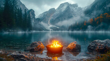 Burning Pot On The Background Of The Mountain Landscape. Fire In The Pot