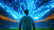 Rear view of soccer player looking at fireworks against large football stadium