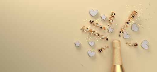 Sticker - Champagne bottle with hearts and serpentines - 3D render