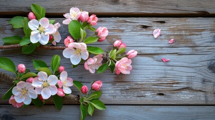  Spring blossom on wooden background. Top view with copy space.