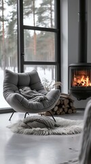 Wall Mural - Grey chair by fireplace against a window. Modern living room with Scandinavian interior design.