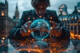 Fototapeta Londyn - Intelligence (BI) and business analytics (BA) with key performance indicators (KPI) dashboard in VR globe form concept.Double exposure of success businessman using digital tablet with london building 