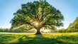 © buraratn - The sun shining through a majestic green oak tree on a meadow, with clear blue sky in the background, panorama format