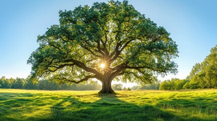 the sun shining through a majestic green oak tree on a meadow, with clear blue sky in the background