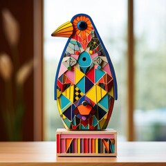 Sticker - A colorful bird sculpture on a wooden block. Generative AI.