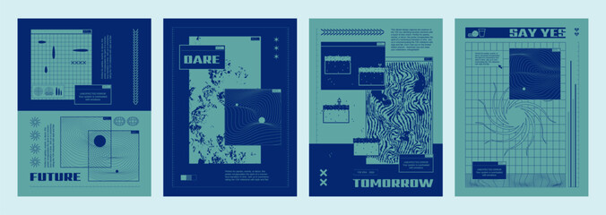 Wall Mural - Y2k groovy vibe posters set. Vector realistic illustration of retrowave pixel design flyers in blue and turquoise colors, wireframe background with old computer software icons, creative graphic banner