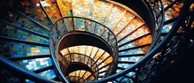 A Spiral Staircase With Stained Glass Windows. Generative AI.