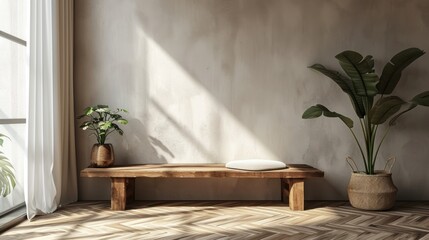 Wall Mural - A wooden bench on a parquet floor with a glass door next to a beige wall with a copy space.