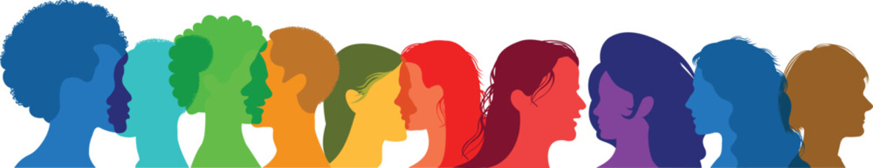 Silhouette of a group of multiethnic people. Racial equality in a multicultural society. Anti-racism concept. Profile silhouettes of different people