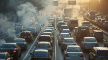 Heavy Traffic On A Big-city Freeway Polluting The Environment Contributing To Global Warming