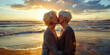 Two senior women in love kiss each other on beach shore. Romantic moment. Diversity sexual equality, LGBTQ pride, marriage equality and same-sex lesbian relashipship vacation time concept