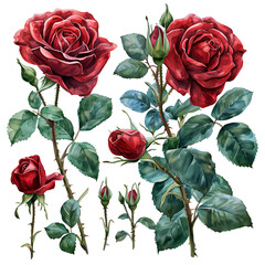 Wall Mural - set of red roses on white background, water color style