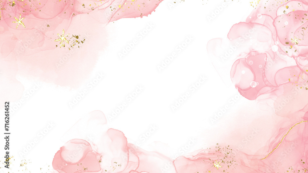 Abstract pink rose blush liquid watercolor background with golden lines ...