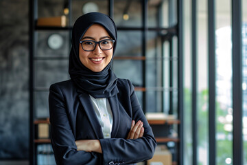 Wall Mural - Successful portrait of young beautiful confident Asian Muslim business woman in hijab. Standing in the office, smiling, looking at the camera crossed her arms. Digital Entrepreneur Works on e-Commerce