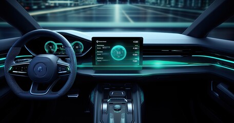 Canvas Print - The dashboard of a futuristic car adorned with holographic controls and sleek digital displays.