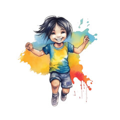 A cute girl playing holi in handdrawn style on transparent background.