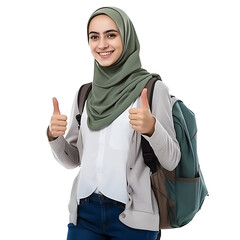 Wall Mural - Female college student giving thumbs up and smiling happily on PNG transparent background