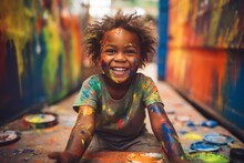 Black Child Toddler Boy Got Hands Dirty In Colorful Paint