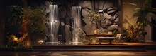 The Outdoor Ambiance Is Elevated By A Modern Water Feature, Harmoniously Blending A Fountain And Waterfall.