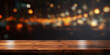 The empty wooden table top with blur background of restaurant at night exuberant, Wooden table on blur bokeh of night light background. 