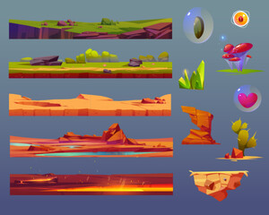 Wall Mural - game ui elements set with floating ground platform with green grass, sandy cracked desert, volcanic 