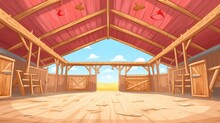 Cartoon Illustration A Barn For Farm Animals, View Inside.