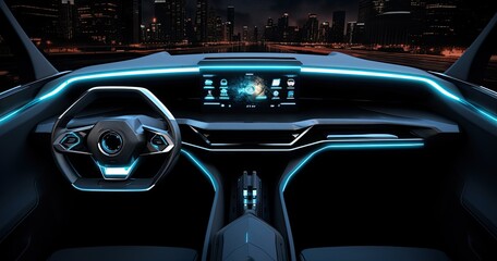 In the future of automotive design, a car dashboard featuring cutting-edge holographic controls and futuristic digital displays.