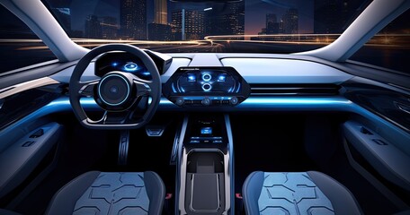 Canvas Print - A glimpse into automotive innovation with a futuristic car dashboard boasting holographic controls and state-of-the-art digital displays.