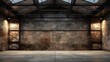 Empty old warehouse interior with brick walls, concrete floor, and a black steel roof structure