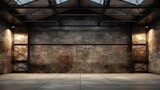 Fototapeta Przestrzenne - Empty old warehouse interior with brick walls, concrete floor, and a black steel roof structure