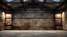 Empty Old Warehouse Interior With Brick Walls, Concrete Floor, And A Black Steel Roof Structure