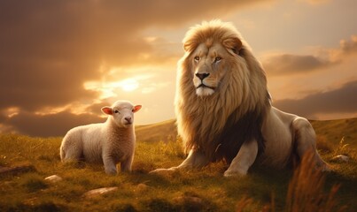 Wall Mural - A Majestic Lion and Innocent Lamb Sharing Serene Moments in a Vast Meadow