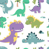 Fototapeta Dinusie - Seamless vector pattern. Cute dinosaurs in bright colors. Illustrations in a simple children's style. White background . Vector illustration