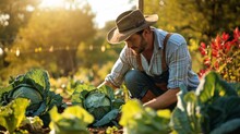 Man Farmer With Fresh Vegetables, Cabbage Harvest, Natural Selection, Organic, Harvest Season, Agricultural Business Owner, Young Smart Framing, Healthy Lifestyle, Farm And Garden Direct, Non Toxic