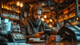 Fototapeta Londyn - A man is sitting in a restaurant and reaches out with his smartphone to the credit card machine, technology and smart device concept, mobile banking