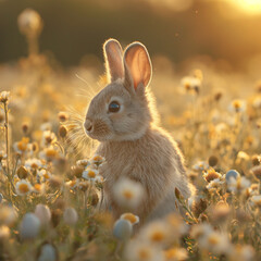 Generative AI, Charming Springtime Scene: Fluffy Bunny with Colorful Easter Eggs in a Blossoming Meadow