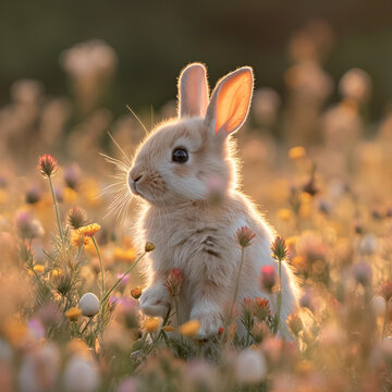 Generative AI, Charming Springtime Scene: Fluffy Bunny with Colorful Easter Eggs in a Blossoming Meadow