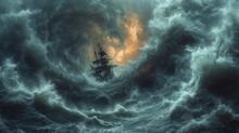 A Tornado Storm At Sea With A Ship Bobbing Amidst Huge Waves.