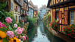 Houses on a picturesque canal in a charming European town, showcasing medieval architecture, bridges, and reflections in the water