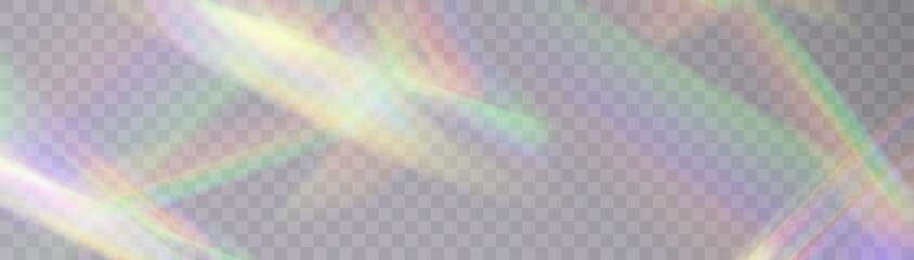 Leinwandbilder - Rainbow light prism effect, transparent background. Crystalline glare leakage reflection. Abstract blurred rainbow light background overlay effect.