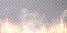 Burning Flames With Flying Sparks And Smoke Texture Isolated On A Transparent Background. Vector Illustration