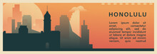 Honolulu City Brutalism Vector Banner With Skyline, Cityscape. USA Hawaii State Retro Horizontal Illustration. United States Of America Travel Layout For Web Presentation, Header, Footer