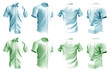 2 Set of pastel green turquoise blue, button up short sleeve collar shirt front, back and side view on transparent background cutout, PNG file. Mockup template for artwork graphic design