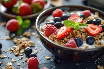 Wall Mural - A delicious bowl of granola topped with fresh berries and garnished with mint leaves. Perfect for a healthy breakfast or snack