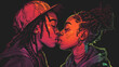 Illustration of a queer gay black couple with dreadlocks in love kissing side view