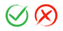 Two Dirty Grunge Cross X And Tick OK Check Marks In Check Boxes, Hand Drawn With Brush Strokes Vector Illustration Isolated On White Background. Check Mark Symbol NO And YES Buttons For Web Vote, Etc.