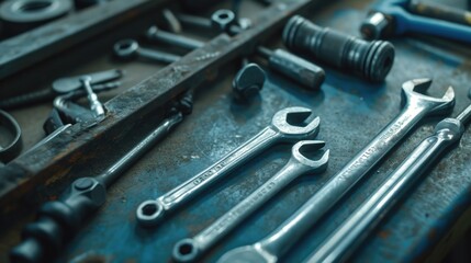 Wall Mural - A collection of wrenches neatly arranged on a table. Suitable for industrial, construction, or DIY projects