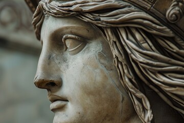 Wall Mural - Close-up view of a statue depicting the face of a woman. This image can be used to represent beauty, art, sculpture, or femininity